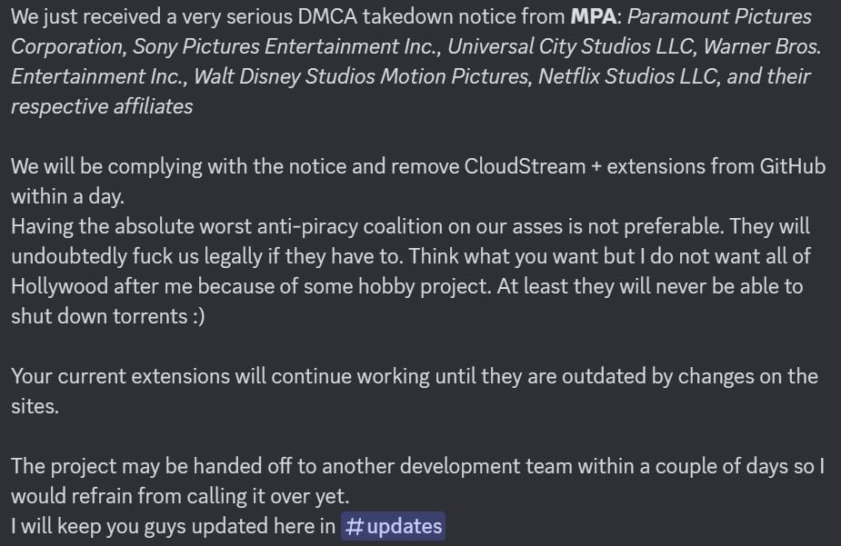 Cloudstream explains on Discord that it will comply with MPA's DMCA notice